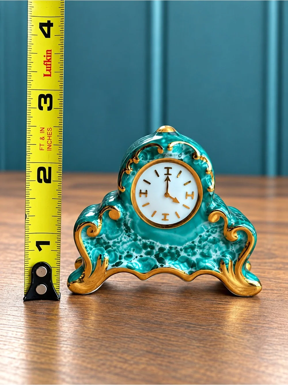 Vintage Limoges France Porcelain Miniature Mantel Clock Figurine Turquoise Gold